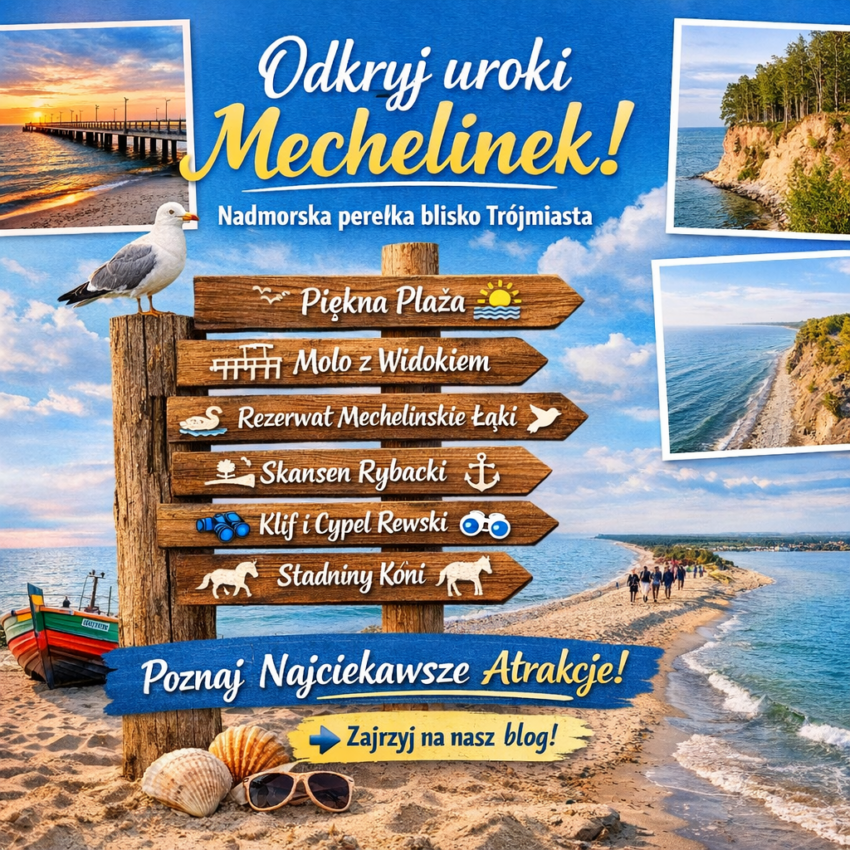 Atrakcje Mechelinek – plaża, molo i klif nad morzem