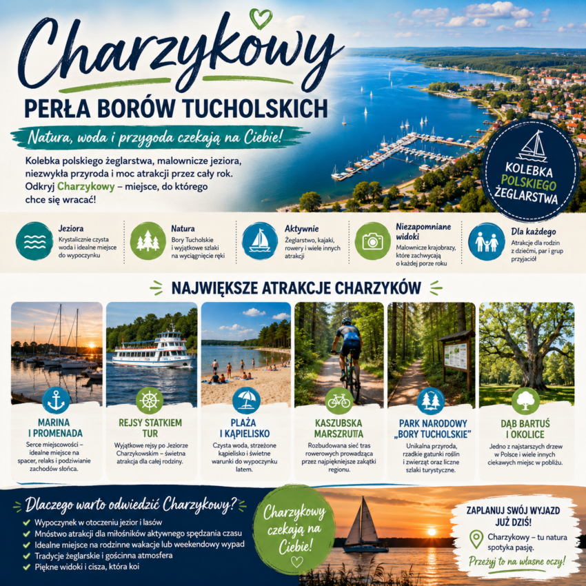 nfografika promująca atrakcje Charzyków. Na tle Jeziora Charzykowskiego, żaglówek i lasów Borów Tucholskich przedstawiono najważniejsze atrakcje miejscowości: Jezioro Charzykowskie, promenadę, marinę, Park Narodowy „Bory Tucholskie”, rejsy statkiem TUR, Kaszubską Marszrutę, punkt widokowy oraz Dąb Bartuś. Grafika zachęca do odkrywania atrakcji Charzyków i aktywnego wypoczynku na Pomorzu.