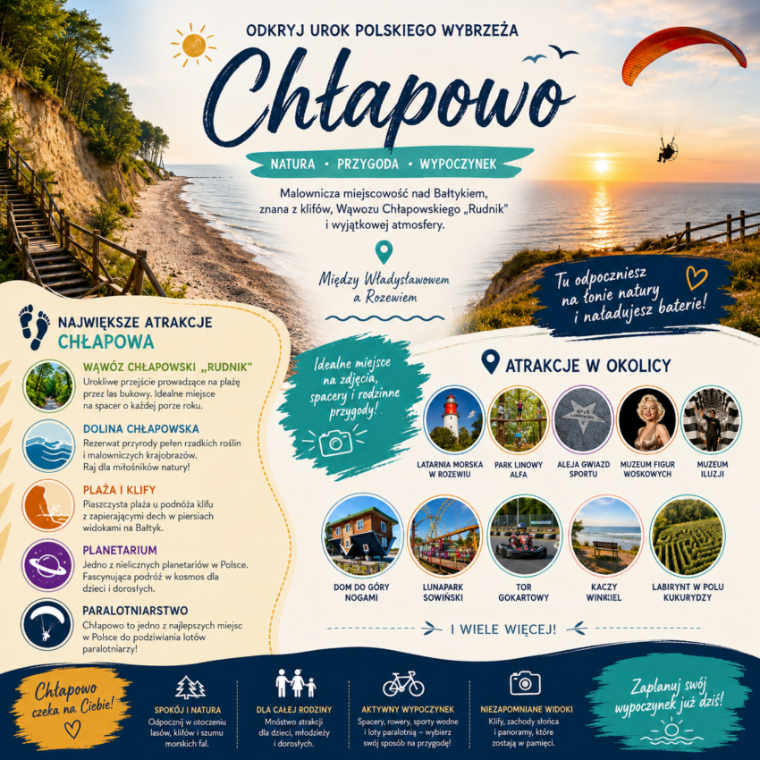 Infografika przedstawiająca atrakcje Chłapowa nad Morzem Bałtyckim. Na grafice widoczne są klifowe wybrzeże, plaża, paralotnia nad morzem oraz najważniejsze atrakcje miejscowości i okolicy, m.in. Wąwóz Chłapowski Rudnik, Dolina Chłapowska, Latarnia Morska w Rozewiu, Park Linowy Alfa, Lunapark Sowiński, Muzeum Iluzji i Dom do Góry Nogami.