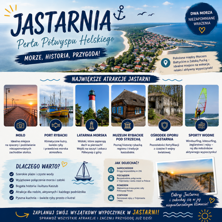 Infografika przedstawiająca najważniejsze atrakcje Jastarni na Półwyspie Helskim, w tym molo, port rybacki, latarnię morską, Muzeum Rybackie pod Strzechą, fortyfikacje Ośrodka Oporu Jastarnia oraz sporty wodne nad Zatoką Pucką. Grafika zachęca do odwiedzenia Jastarni i poznania jej historii, plaż oraz atrakcji turystycznych.