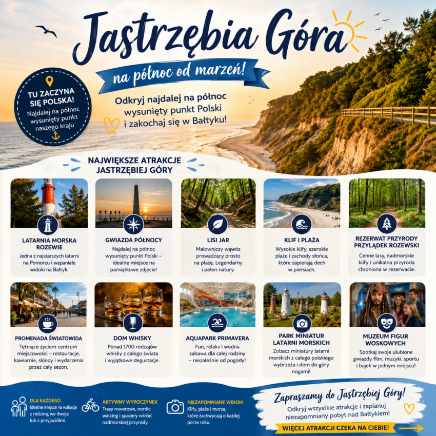 Infografika przedstawiająca najważniejsze atrakcje Jastrzębiej Góry nad Morzem Bałtyckim, w tym Latarnię Morską Rozewie, Gwiazdę Północy, Lisi Jar, klifowe wybrzeże, Promenadę Światowida, Aquapark Primavera, Park Miniatur Latarni Morskich oraz Muzeum Figur Woskowych na tle nadmorskiego klifu i plaży.