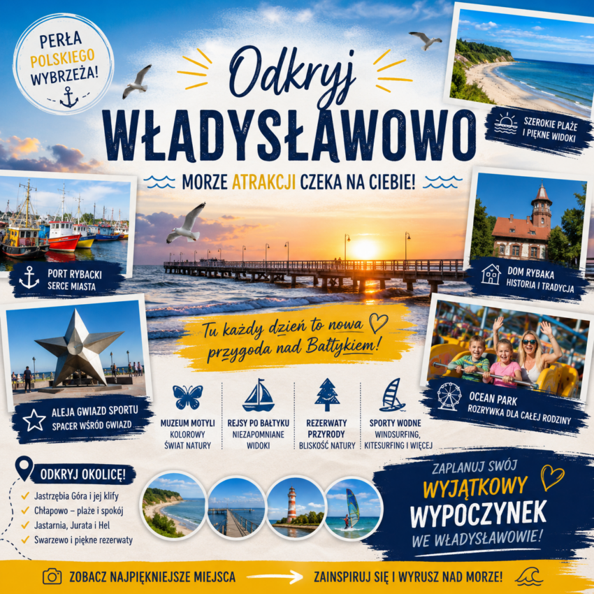 Infografika promująca atrakcje Władysławowa. Na grafice znajdują się zdjęcia plaży, portu rybackiego, Domu Rybaka, Alei Gwiazd Sportu oraz atrakcji rodzinnych. Wyróżniono także rejsy po Bałtyku, sporty wodne, Muzeum Motyli, rezerwaty przyrody oraz pobliskie miejscowości: Jastrzębią Górę, Chłapowo, Jastarnię i Swarzewo.