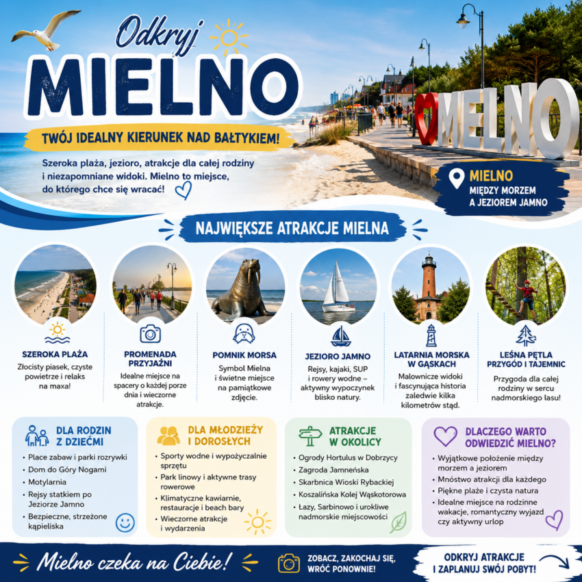 Infografika przedstawiająca najważniejsze atrakcje Mielna. Na grafice znajdują się zdjęcia szerokiej plaży, Promenady Przyjaźni, Pomnika Morsa, Jeziora Jamno, latarni morskiej w Gąskach oraz Leśnej Pętli Przygód i Tajemnic. Dodatkowo zaprezentowano atrakcje dla rodzin z dziećmi, propozycje dla dorosłych i młodzieży oraz najciekawsze miejsca w okolicy Mielna. Całość utrzymana jest w nadmorskiej kolorystyce i zachęca do odwiedzenia miejscowości.
