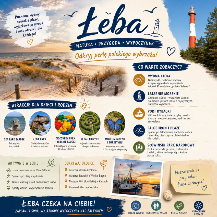 Kwadratowa infografika promująca Łebę z panoramą ruchomych wydm, plaży i latarni Stilo. Zawiera sekcje prezentujące najważniejsze atrakcje: Wydmę Łącką, Słowiński Park Narodowy, port rybacki, falochron i plaże, atrakcje dla rodzin (Sea Park Sarbsk, Łeba Park, Discovery Park, Łeba Labirynt, Muzeum Motyli i Bursztynu), aktywny wypoczynek oraz miejsca warte odwiedzenia w okolicy.